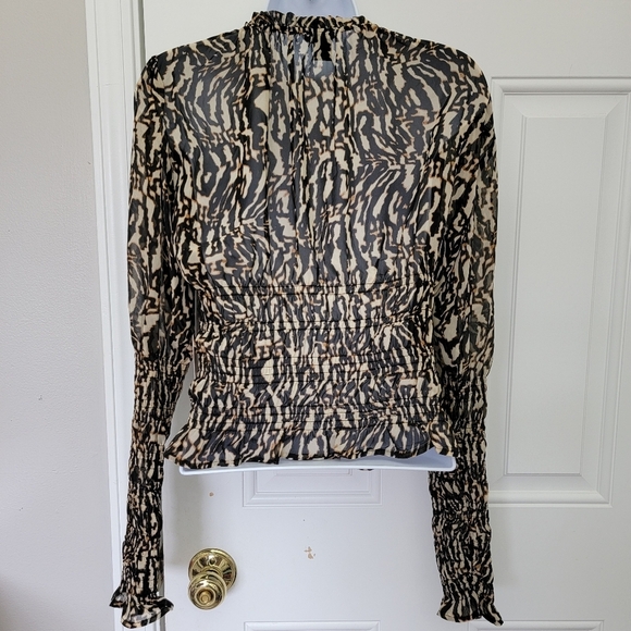 NWT Halogen Black Tan Animal Print Blouse Sheer Long Sleeve High Neck Ruched S - Picture 6 of 10